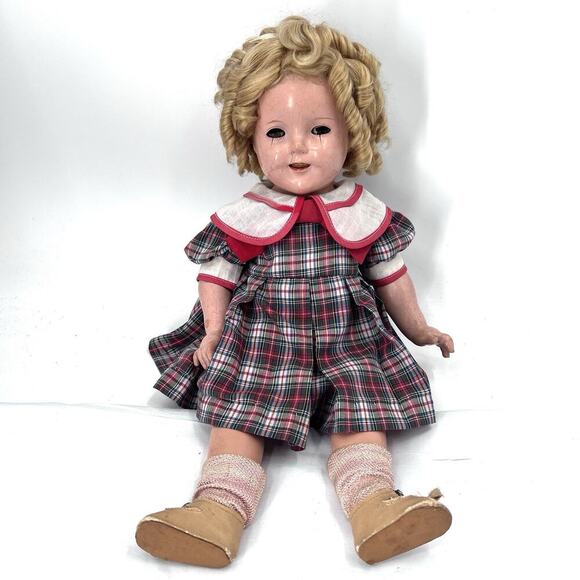 Vintage Shirley Temple Composition Doll Plaid Dress - Picture 1 of 12
